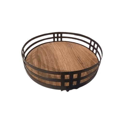 WOOD & IRON ROUND SERVING TRAY (BLACK & NATURAL)